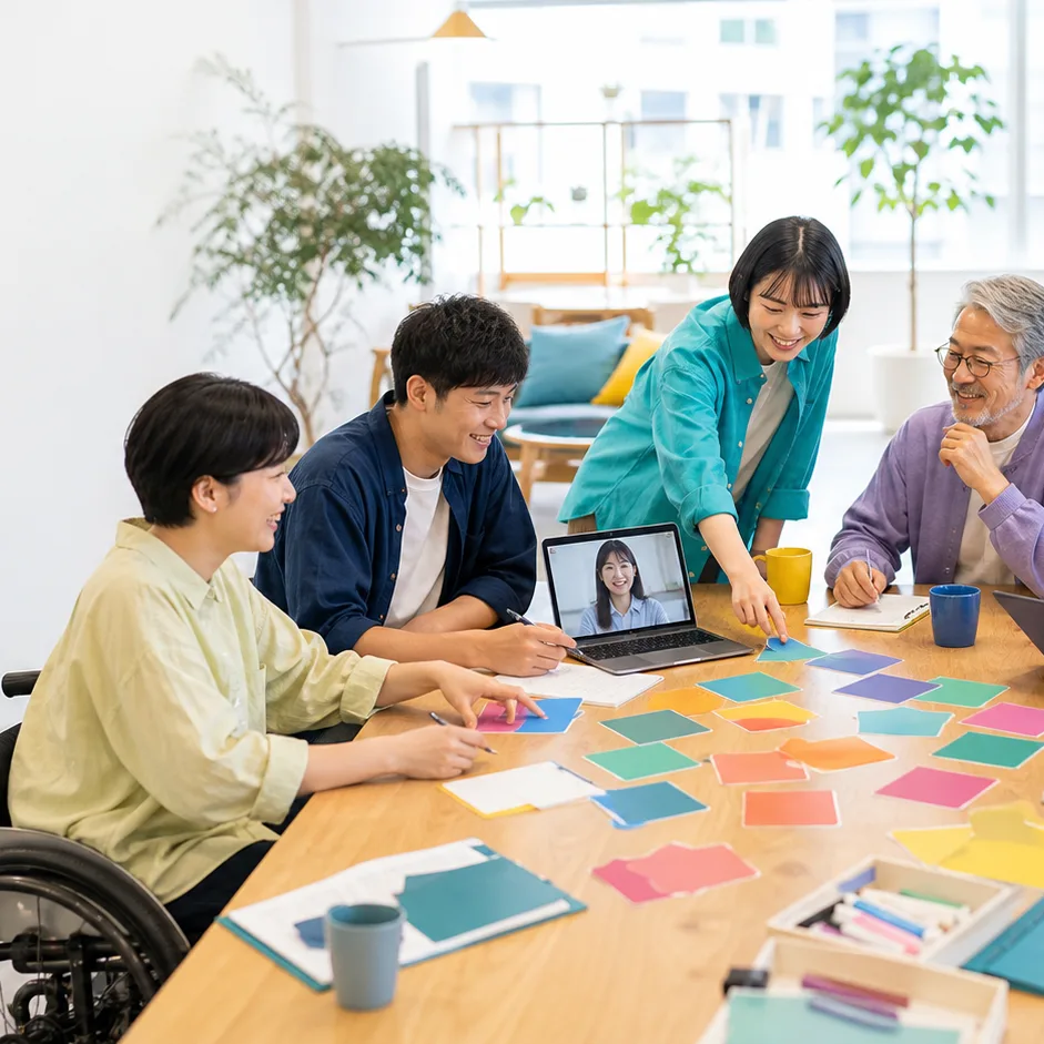 多様なメンバーが付箋を使って対話するワークショップの様子